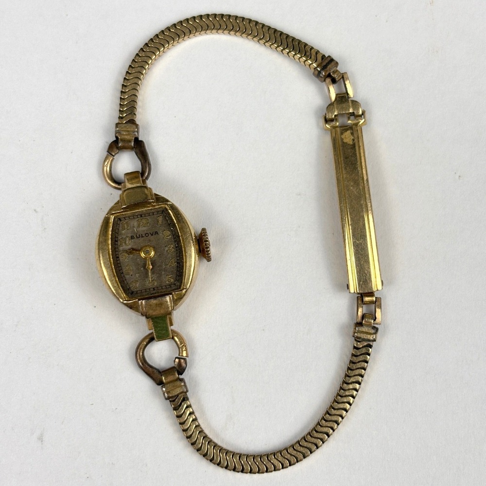Vintage 1945 Bulova 14K Solid‎ Gold Ladies Cocktail Watch Ensign 12k GF Band